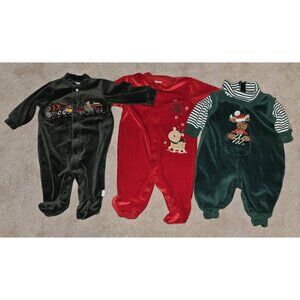 3 Baby's 1st Christmas 1 Piece Outfits Lot 3-6 Months Footie Red Green Train